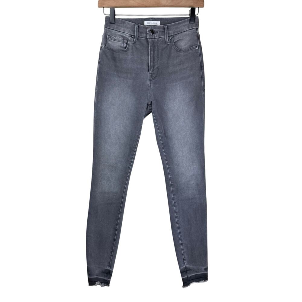 Good American Good Legs Crop Gray Skinny Mid Rise Raw Frayed Hem Denim Jeans